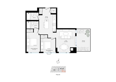 Floor plan for 2 beds, 2 baths, 819 sqft